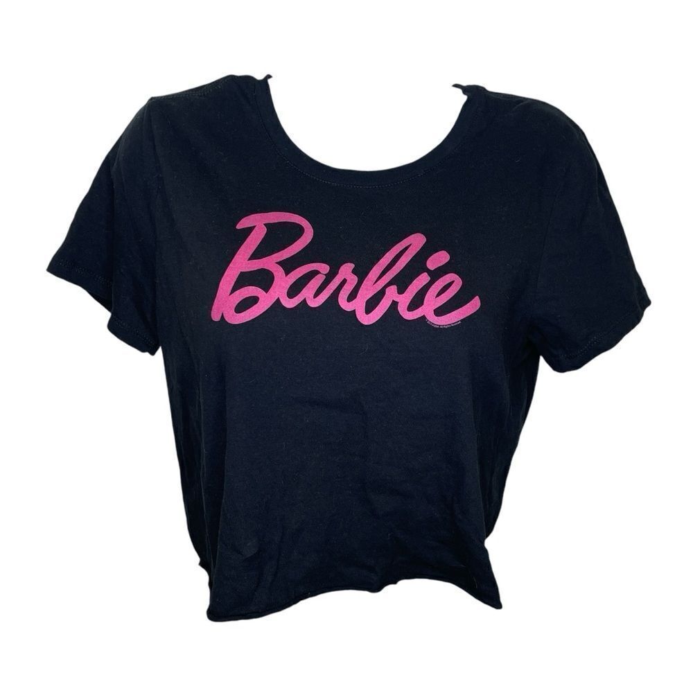 Mattel Barbie Cropped Crew Neck T-shirt Black With Barbie in Pink Writing Small